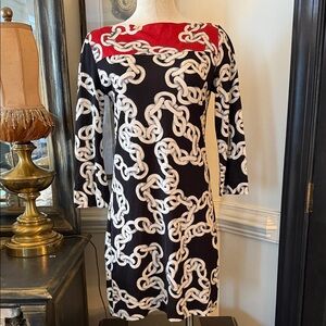 Diane Von Furstenberg Black & White Chain-Print Long Sleeve Dress with Red Yoke